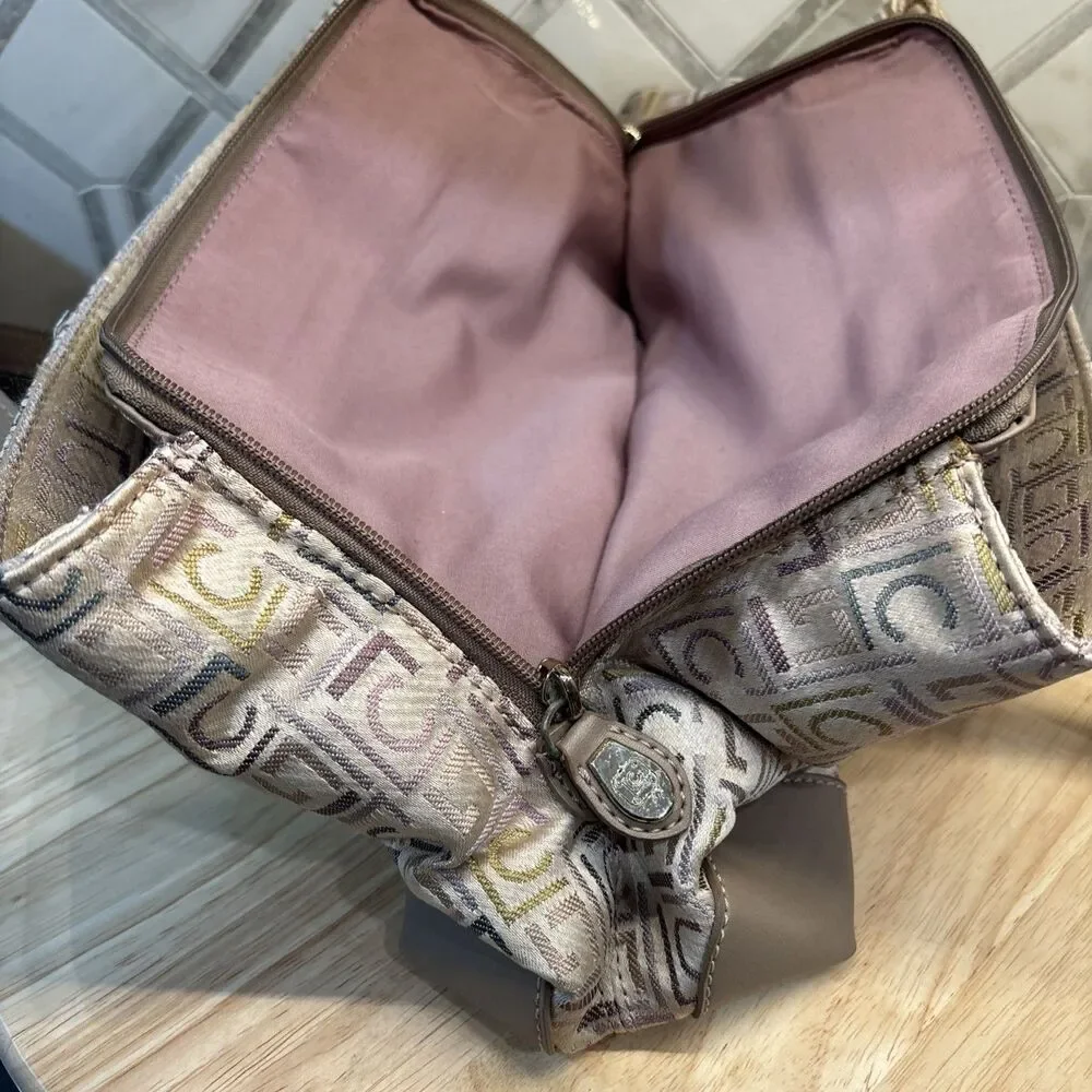 Vintage Liz Claiborne Handbag Beige Silver Two Handle Monogram Satchel Y2K